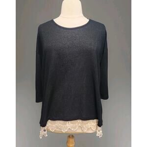 Gnw Black Semi Sheer Pullover Sweater Cream Crochet Trim Size 2X 3/4 Sleeve